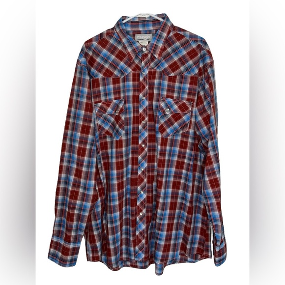 Wrangler Wrancher Pearl Snap Button Shirt Red Blue Plaid Mens Size 2XLT Western - Picture 7 of 7